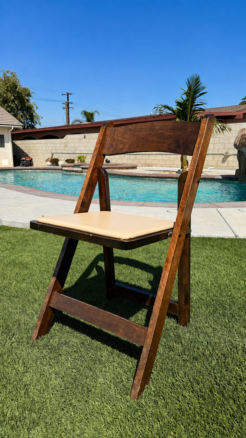 Walnut Folding Chair available from AJ's Party Rentals