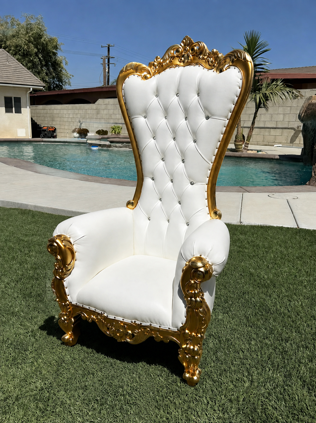 White & Gold Throne Chair available from AJ's Party Rentals