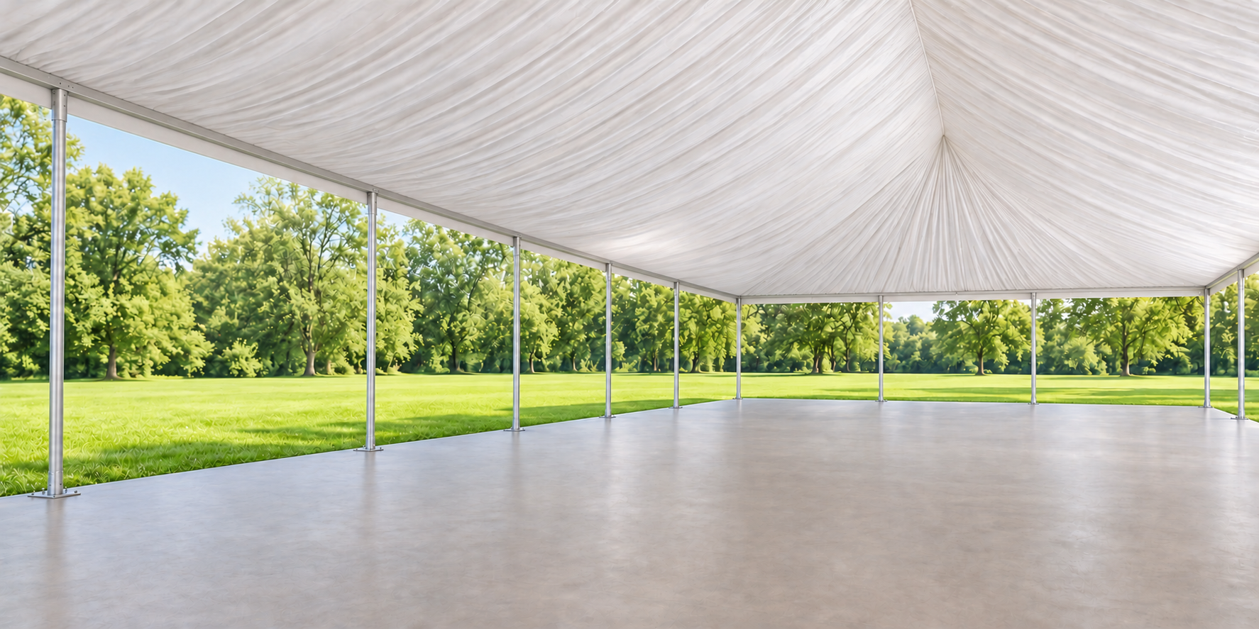 Open Classic Frame Industrial Tent interior with a fully draped ceiling and upright poles every 10 feet