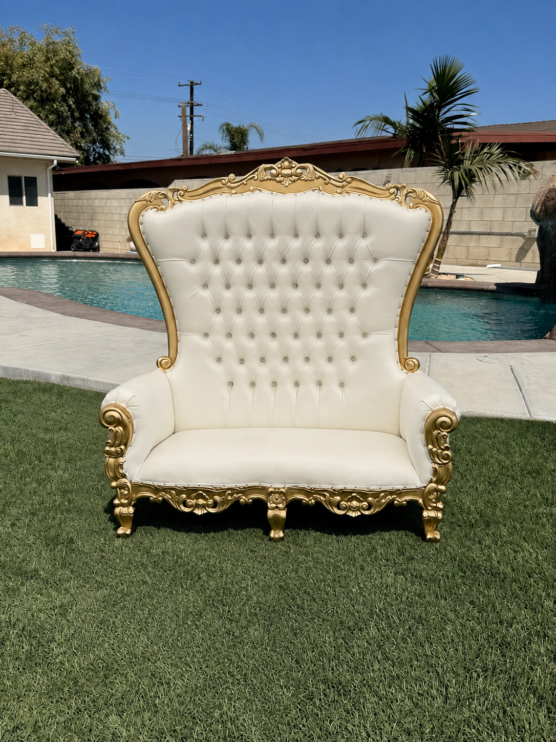 White & Gold Loveseat available from AJ's Party Rentals